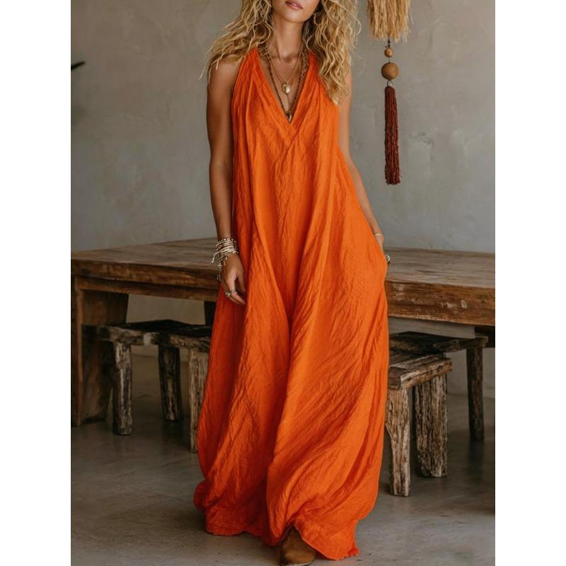 Womens Casual Solid Color Halter V Neck Sleeveless Maxi Dress
