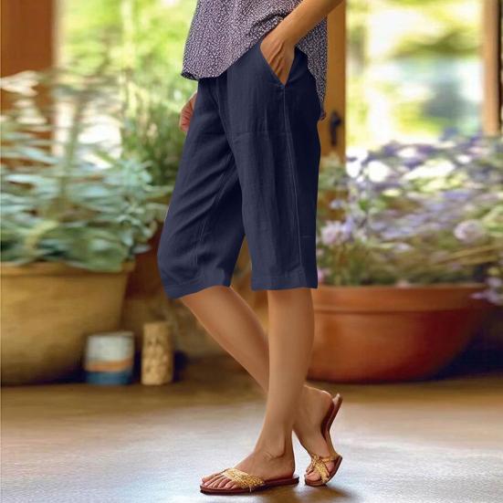 Women Shorts Elastic Mid-rise Straight Leg Knee-Length Pants with Pockets Solid Color Regular Style Shorts