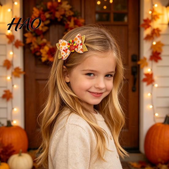 Fall Theme Hair Decor Thanksgiving Turkey Bow Clip for Girls, Decorative Pins, Pumpkin Clips Double Layer Glitter Clip, Cute Autumn Holiday