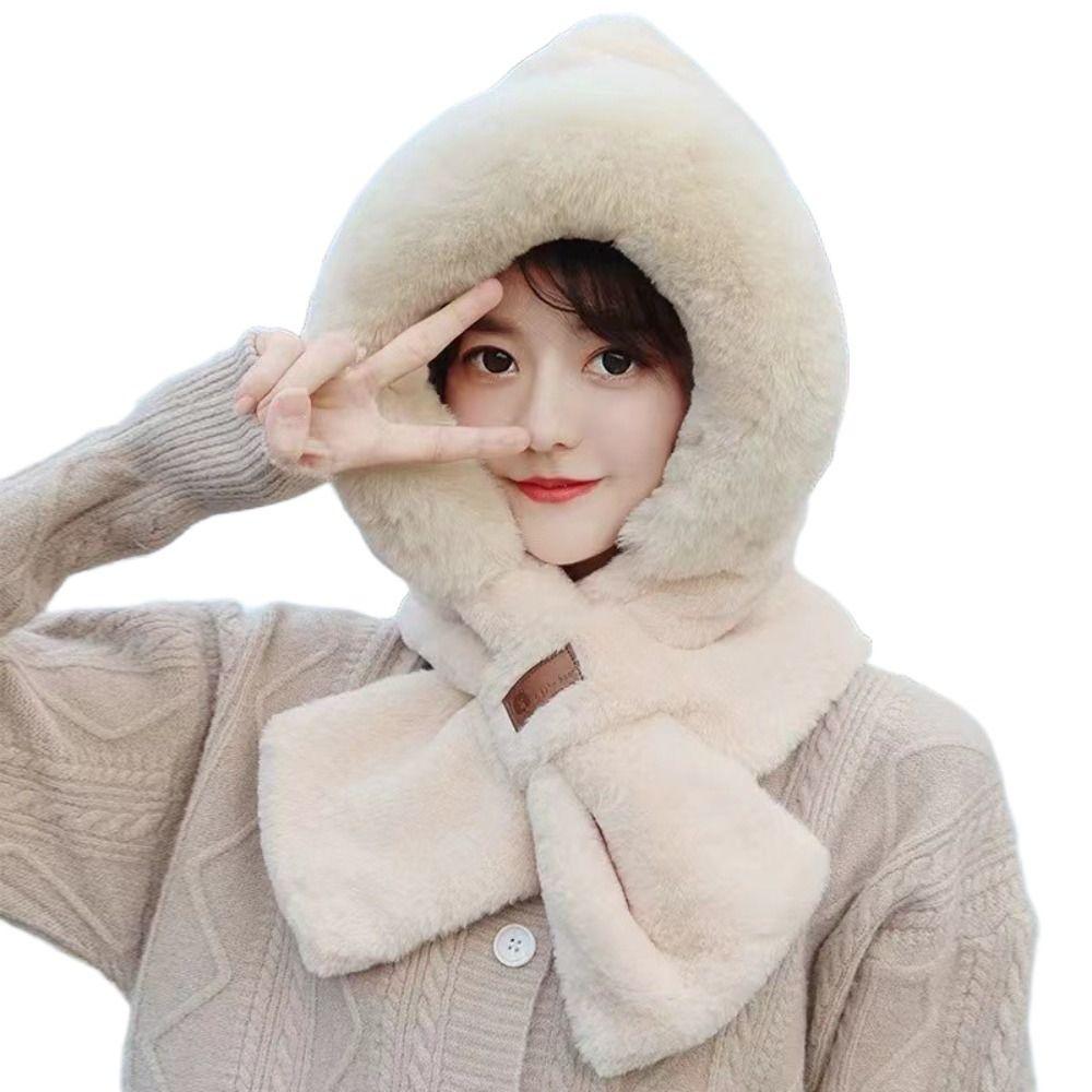 Thickening Beanie Hat Scarf Windproof Neck Warmer Winter Scarf Set Hooded  for Women
