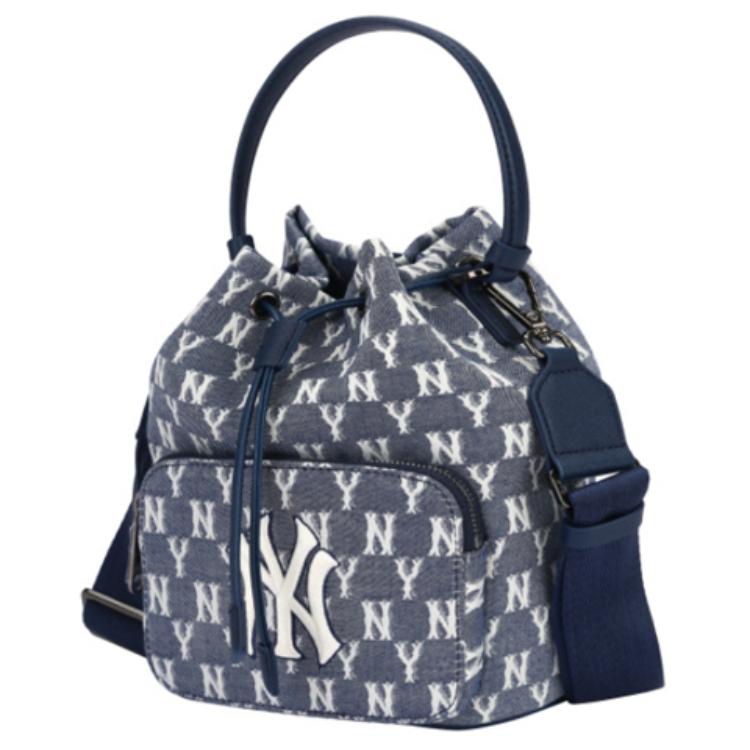 MLB Monogramm Serie NY Yankees Retro Blumendruck Kordelzugverschluss Eimertasche Unisex Taschen Denim-Blau 32BG34111-50N