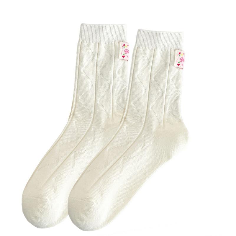 White Socks for Girls, Pile Socks for Spring, Versatile, Followed By Cloth Label Trendy School Windbreaker Socks for Girls
