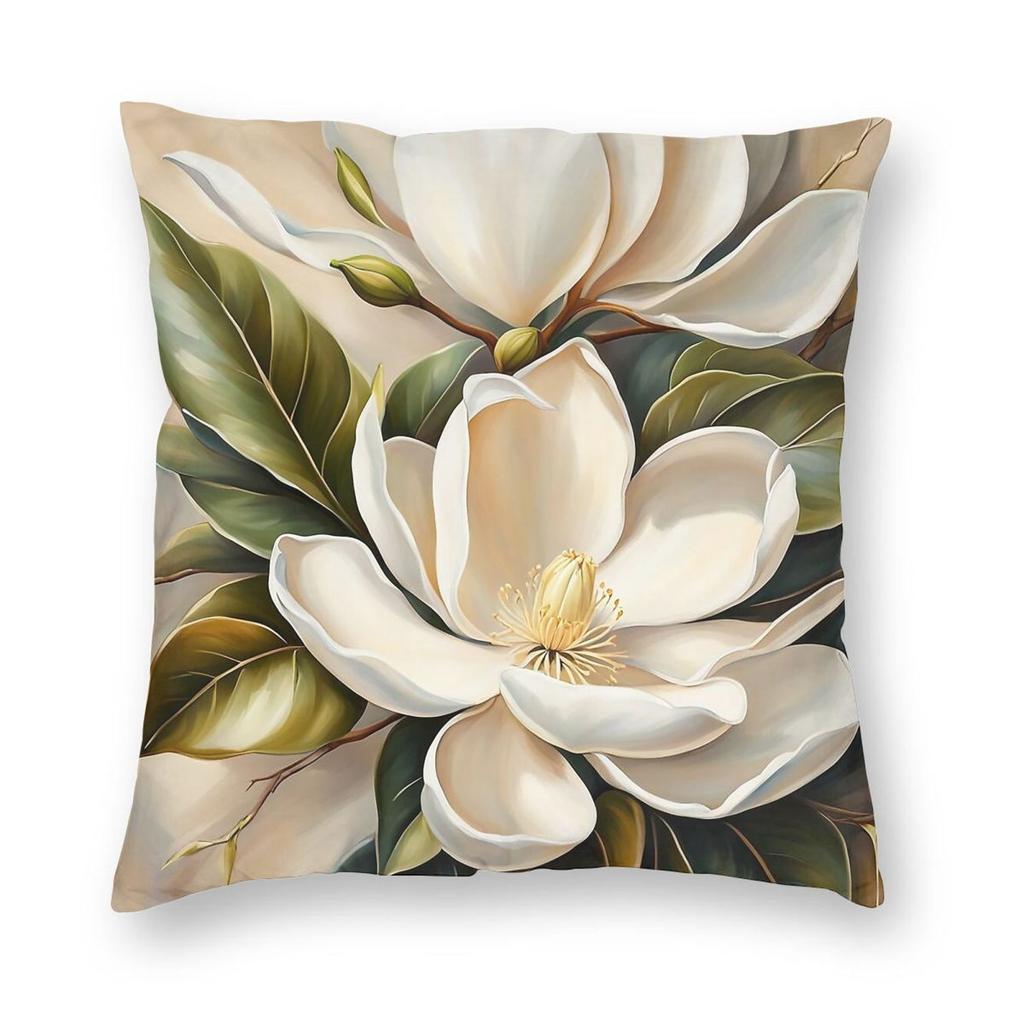 Weiße Magnolienblüten Kissenbezug Polyester Leinen Samt Bedruckt Reißverschluss Dekorative Kissenhülle Sofakissenbezug