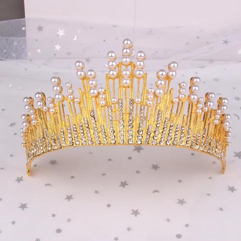 Hot Selling European Baroque Bridal Alloy Diamond Pearl Crown Headdress Crown Phoenix Crown Hair Accessory Rhinestone Highlight