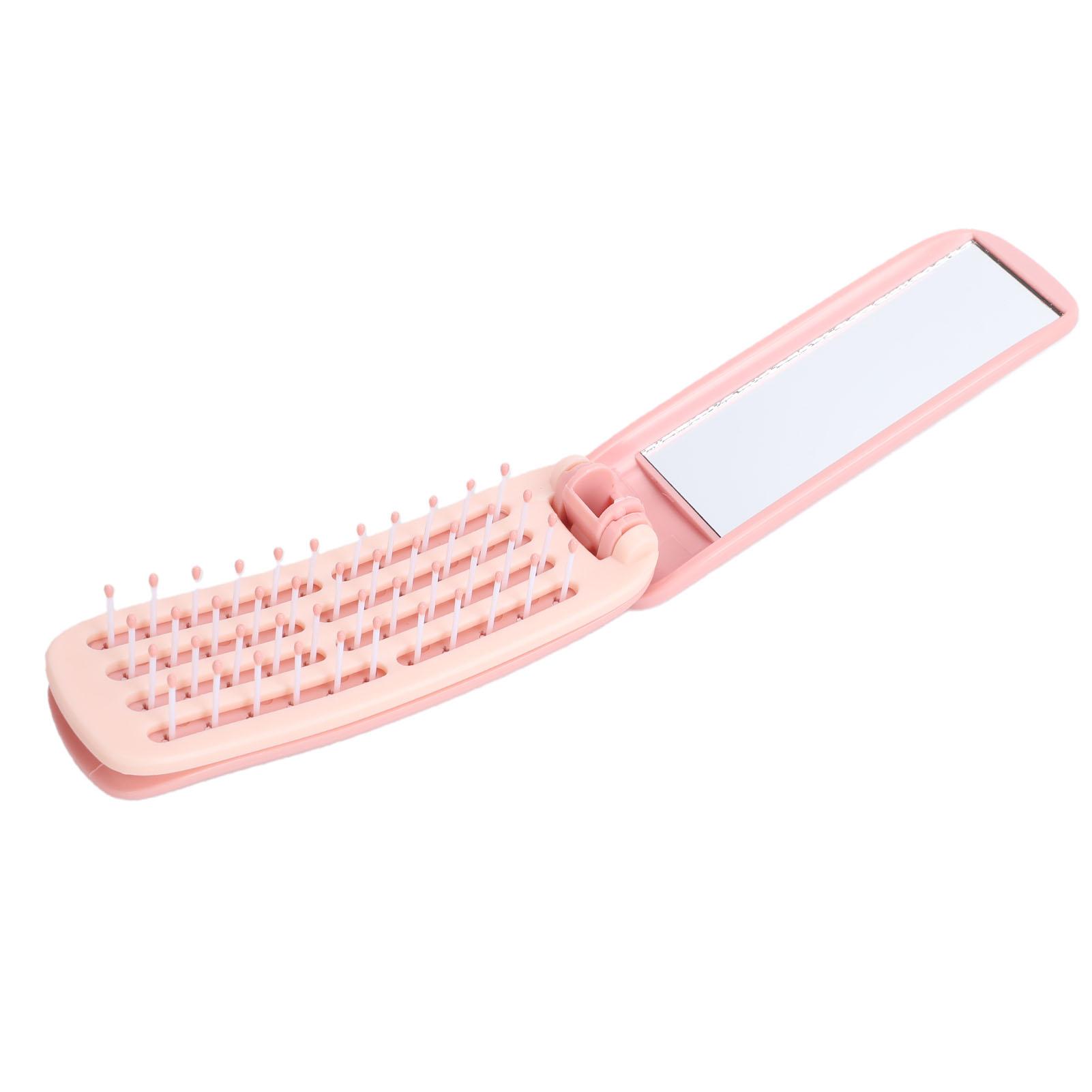 Self Cleaning Pocket Folding Hair Brush Portable Travel Hair Brush with Mirror for Women Travel Pink