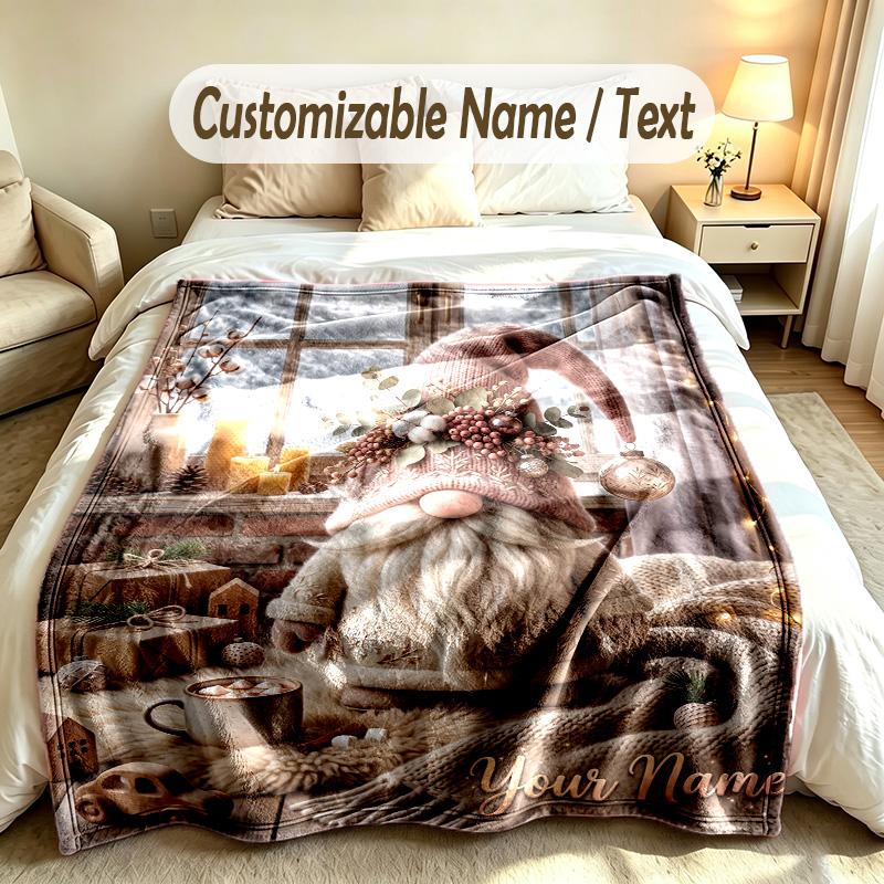 Gnome Theme Custom Blanket Personalized Name & Text Customized Soft Warm Throw Blanket Home Decor