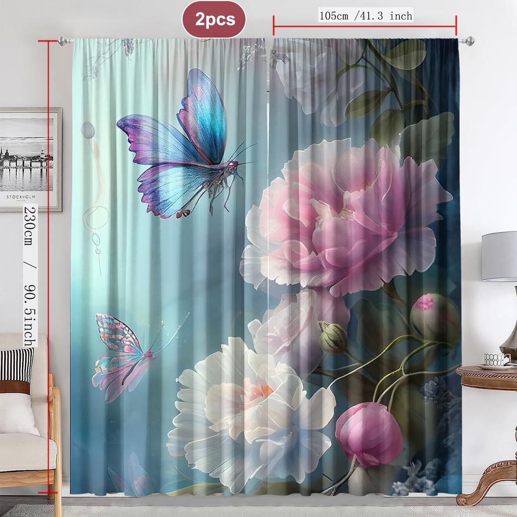 2PC Home Decoration Curtains With Dreamy Floral Background And Rod Pocket Curtains, Suitable For Kitchens, Cafes, Living Rooms