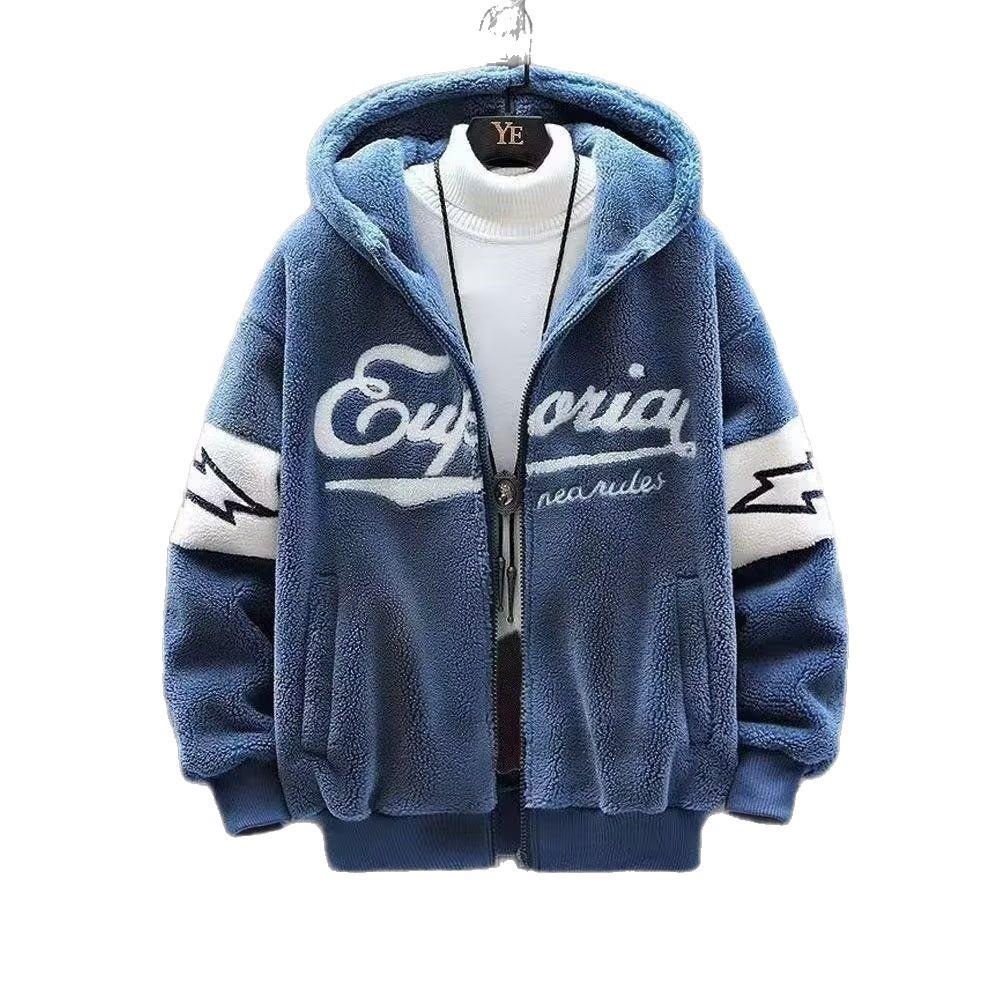 Men's Trendy Hooded Cotton Jacket - Lambswool, Plus Size, Autumn/Winter, Hong Kong Style, Loose Fit, Casual, Warm, Couple's Outerwear