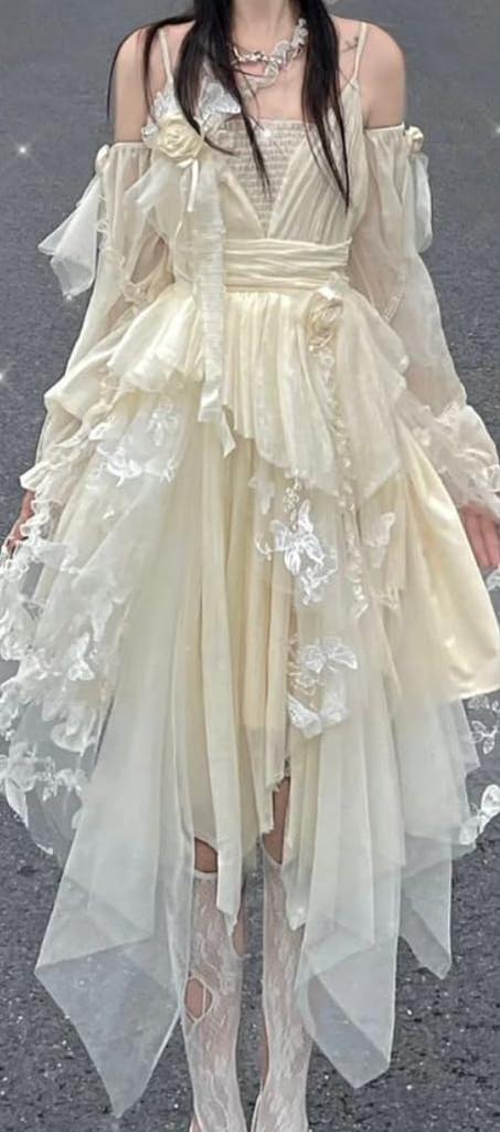 Lady Lazy Lolita with Arm Cream Dress, Sleeveless, Cosplay, White, Asymmetrical, Knee-Length, Covers,