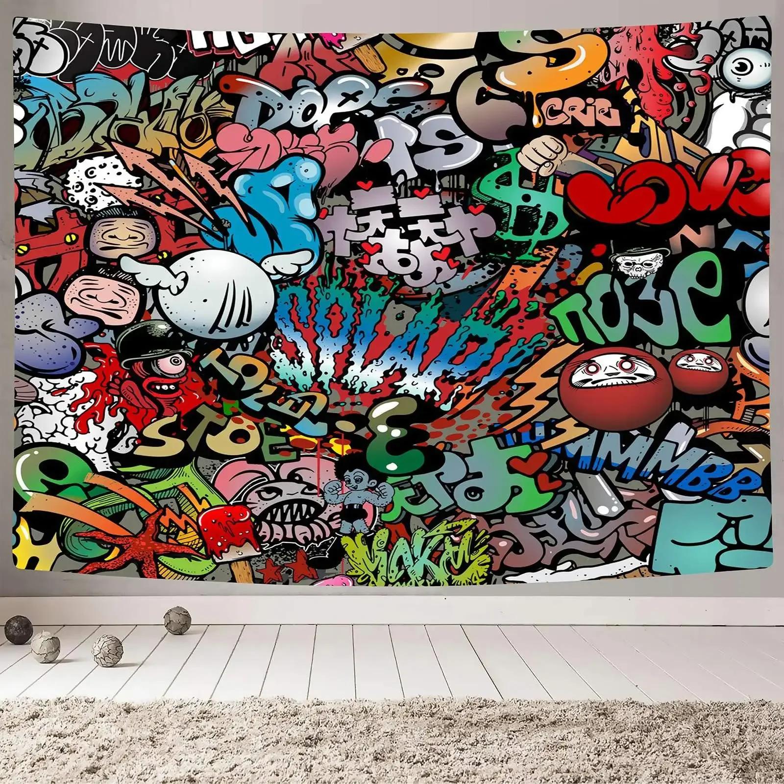 Graffiti Tapestry Hip Hop Hippie Art Wall Hanging Themed Party Decor Backdrop Tapestry Cool Room Aesthetic Bedroom College Dorm 100X70CM