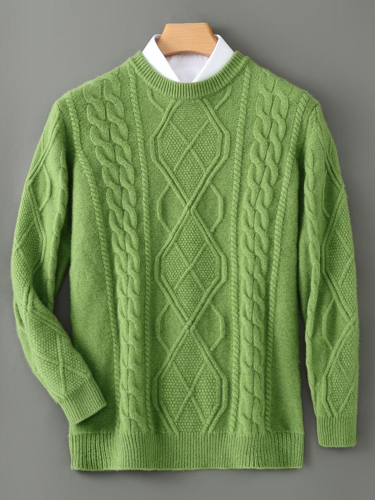 Three-Strand Thick Men's Wool Cable Knit Pullover – Round Neck, Loose, Plus Size for Autumn/Winter