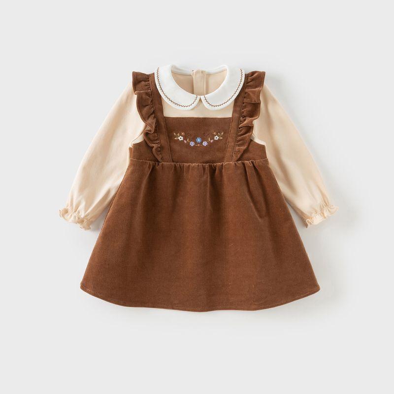 David Bella Kidsren s Patchwork Dress 2026 Spring New Style Casual Fake Two-Piece Long-Sleeved Dress for Girls and Babies Brown [Ready Stock] 120