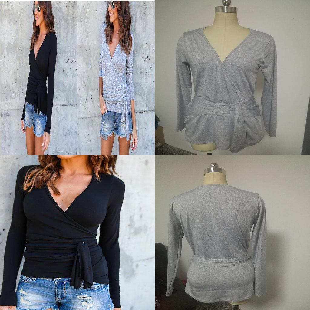 Elegant Long Sleeve Deep V-neck Knitted Sweater Blouse For Women With Premium Quality