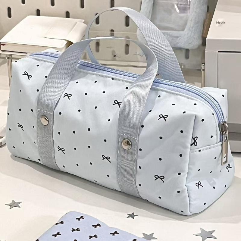 New White Blue Color Star Polka Dot Tote Pencil Case Ins Style Cute Pen Bag For Student Large Capacity Stationery Organizer Bag