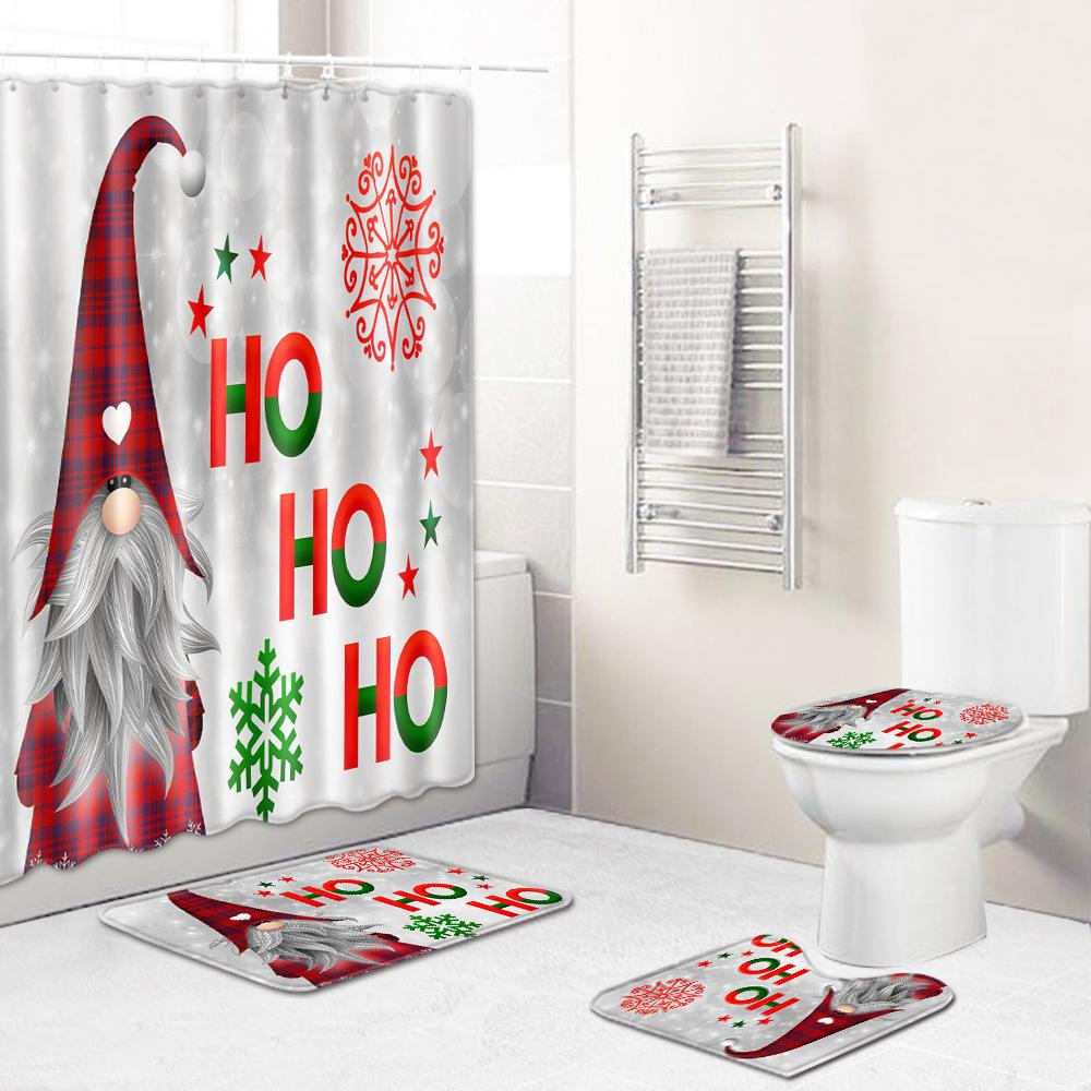 Christmas Toilet Seat Shower Curtain Four-Piece Printed Floor Mat Set Bathroom Floor Mat Bedroom Absorbent Door Mat Carpet