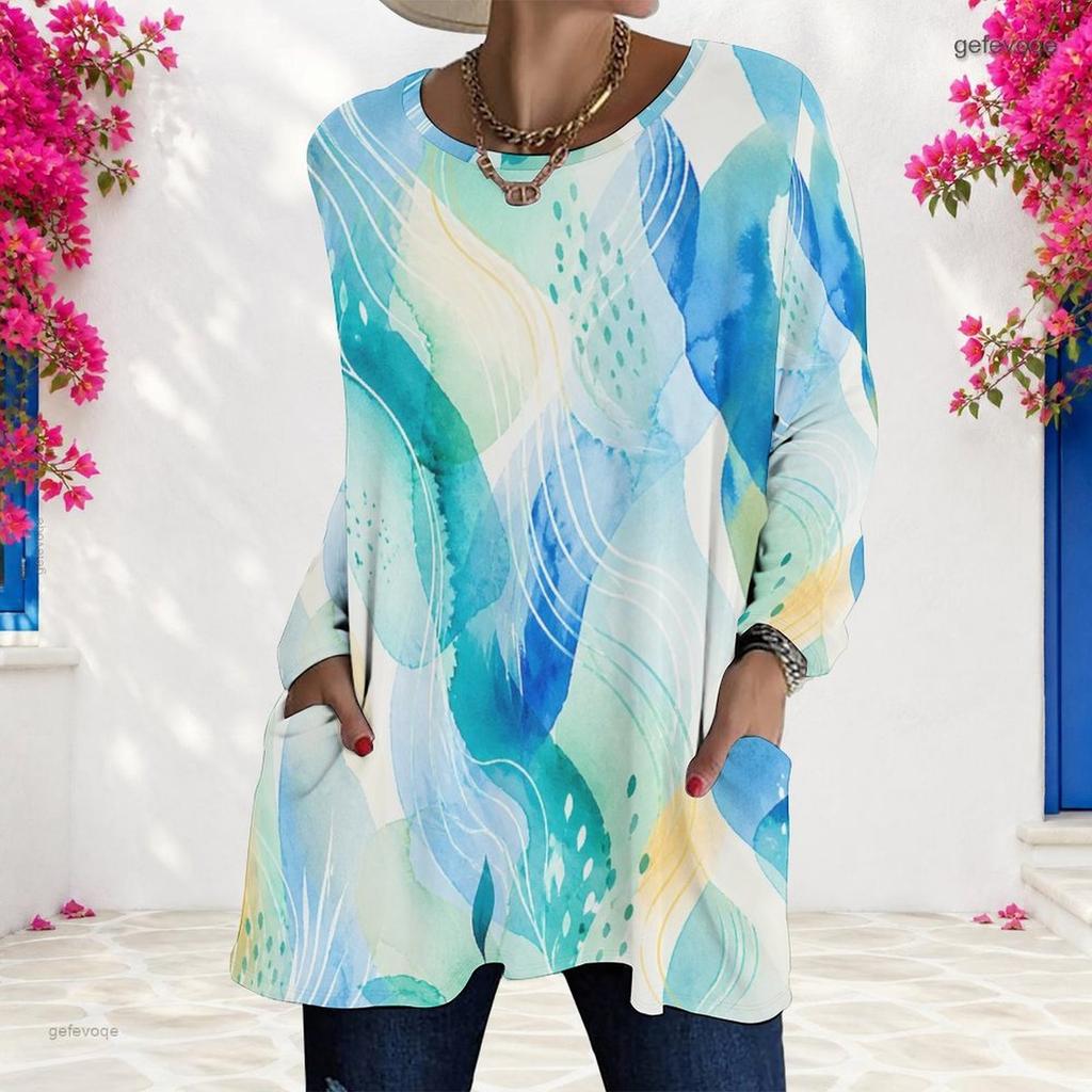 Women Plus Size Beige Brown Yellow Tie Dye Printed Round Neck Long Sleeve Loose T Shirt With Pockets