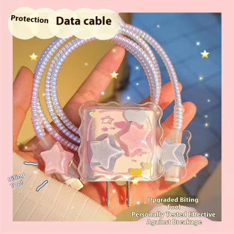 Kawaii Cute 3D Star Love Heart Wave Border Y2K Usb Protector Cover For Iphone 18/20W Data Line Head Cord Fast Charging Case