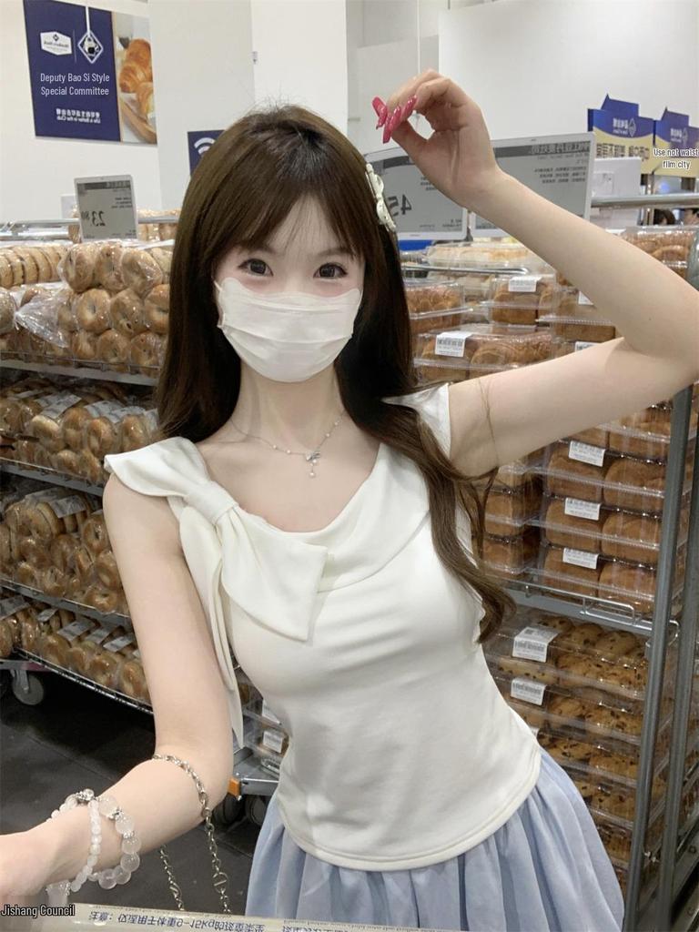 Korean Style Women's Ruffle Off-Shoulder Bow Cotton Top