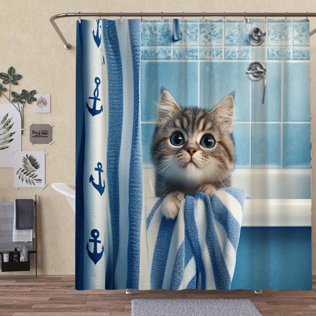 Adorable Kitten in Nautical Shower Curtain - Blue & White Anchor Design for Cozy Bathroom Décor, Waterproof & Easy Care