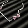 Bling Bling Tungindustri Høyoppløselig Kragebenskjede Dame Søt Rosa Kjærlighet Dra Choker Halskjede Fullt av Zirkon Halskjede