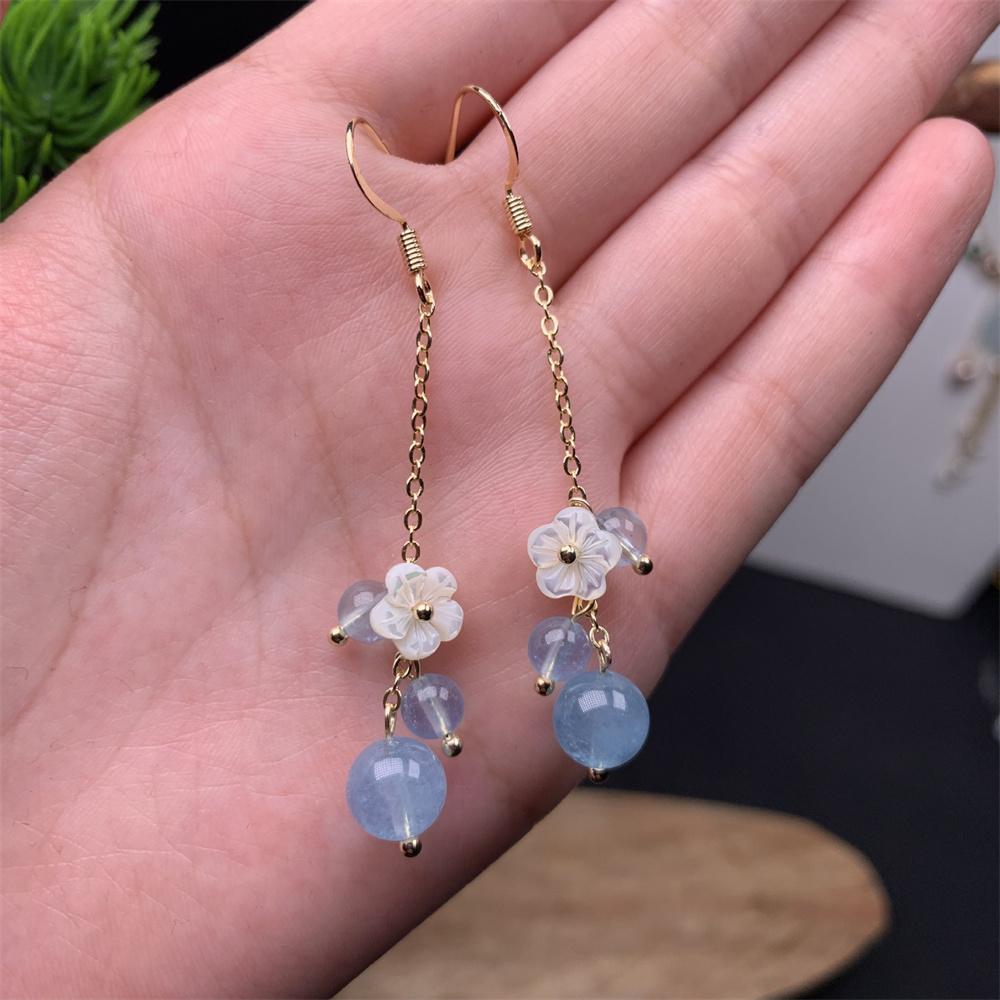 Charm Blue Jade Pearl Flower Tassel Dangle Earrings 14K Gold Vintage Chinese Stone Jade Earrings for Women Trendy Gift Jewelry