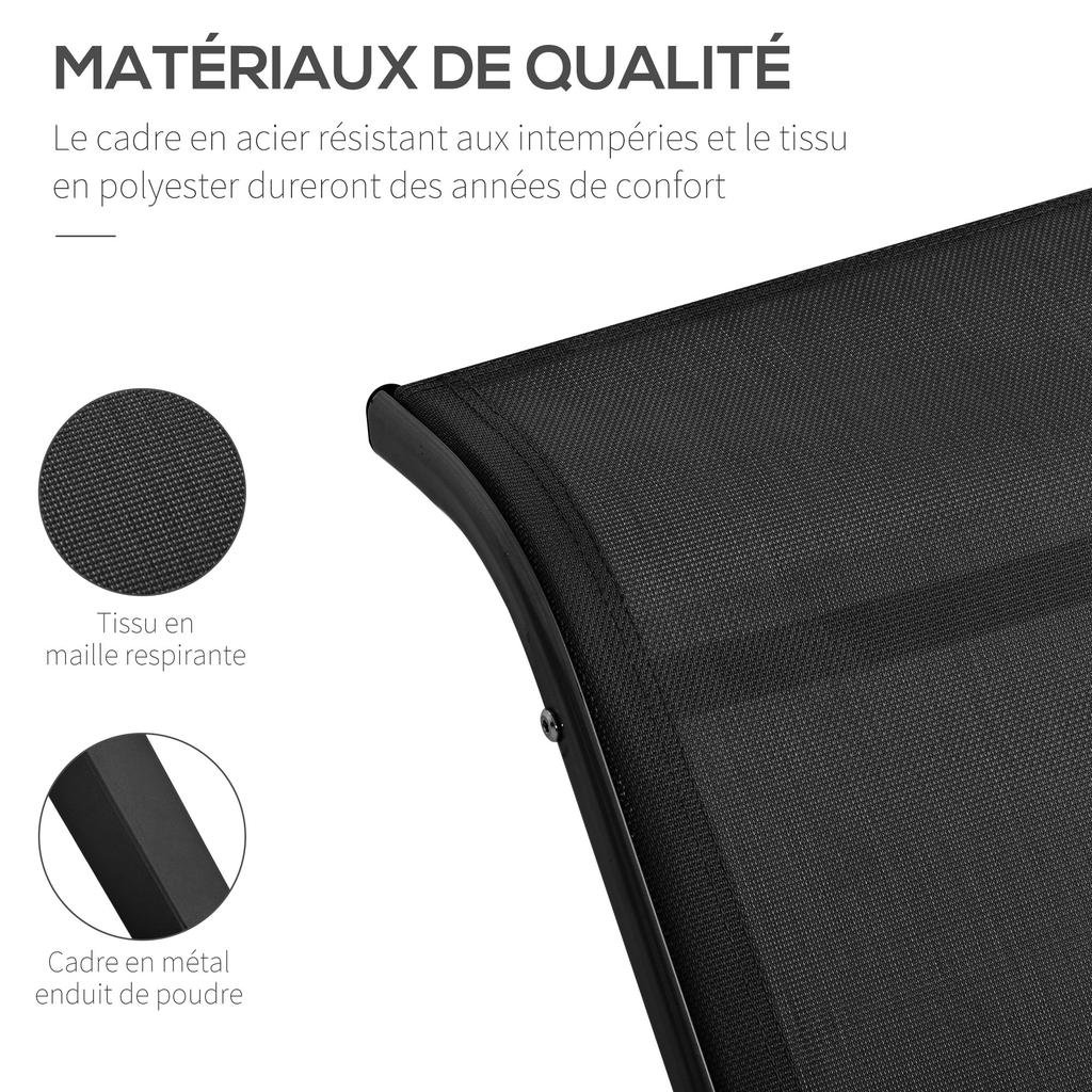 Set of 2 Sun Loungers Contemporary Design Lounge Chairs Coffee Table Tempered Glass Top Epoxy Metal Textilene Black