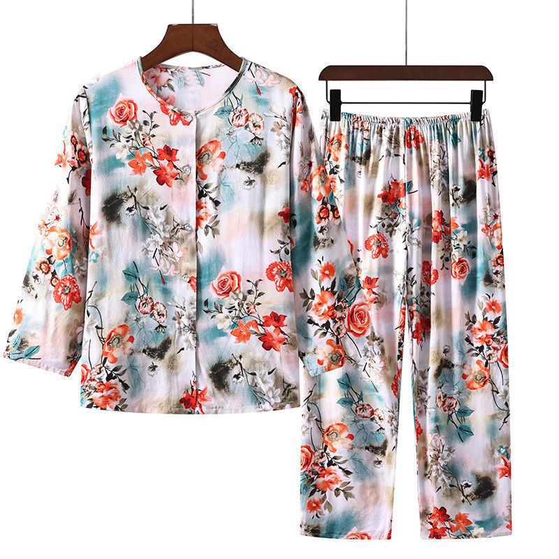 Women's Cotton Silk Pajama Set: Long-Sleeve Top & Trousers for Middle-aged & Elderly, Spring/Summer. Perfect As Homewear or Outerwear.