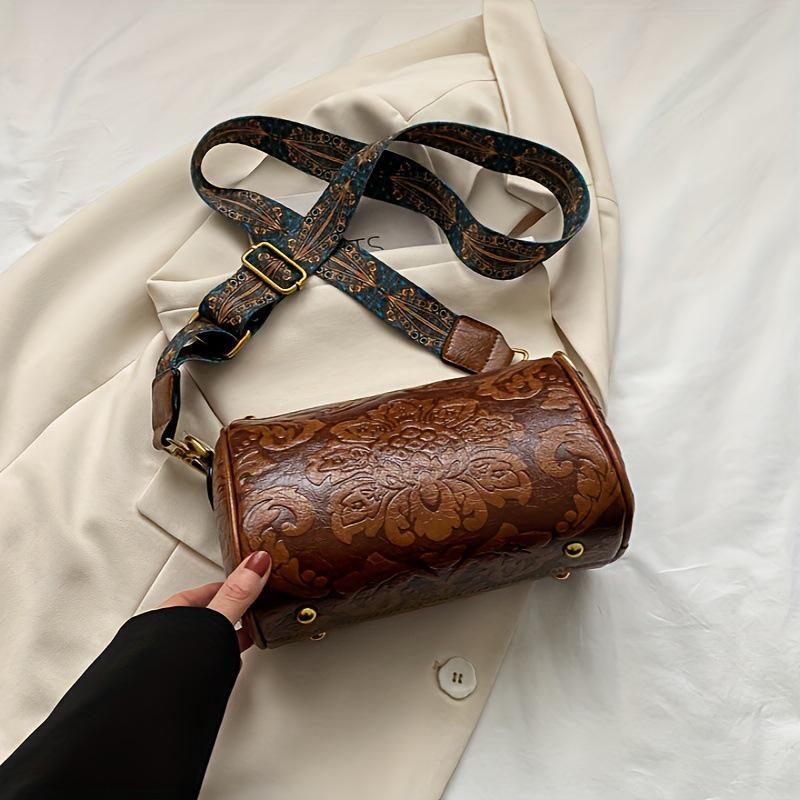 Γυναικεία Εθνική Τσάντα Χιαστί με Ανάγλυφο Λουλούδι, Ρετρό Κυλινδρική Τσάντα Χειρός με Φαρδύ Λουρί Ώμου