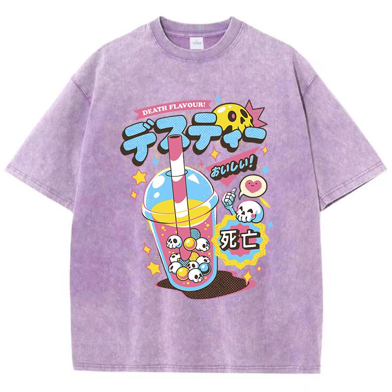 Fashion Woman Washed T-Shirts Funny Skull Drink Printing Short Sleeve Cotton Distressed Oversize Crewneck Tops Clothes