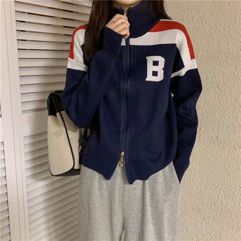 Hong Kong Style Color Block Double Zipper Knit Cardigan - Women's High Neck Long Sleeve Sweater for Spring & Autumn Versatile Top