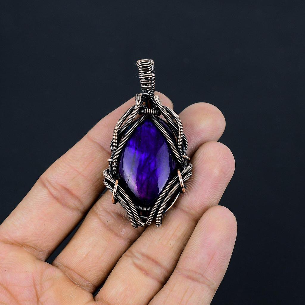 Blue Flash Labradorite Handmade Pendant, Natural Gemstone Jewelry, 999 Copper Wire Wrapped Pendant Jewelry, For Gift