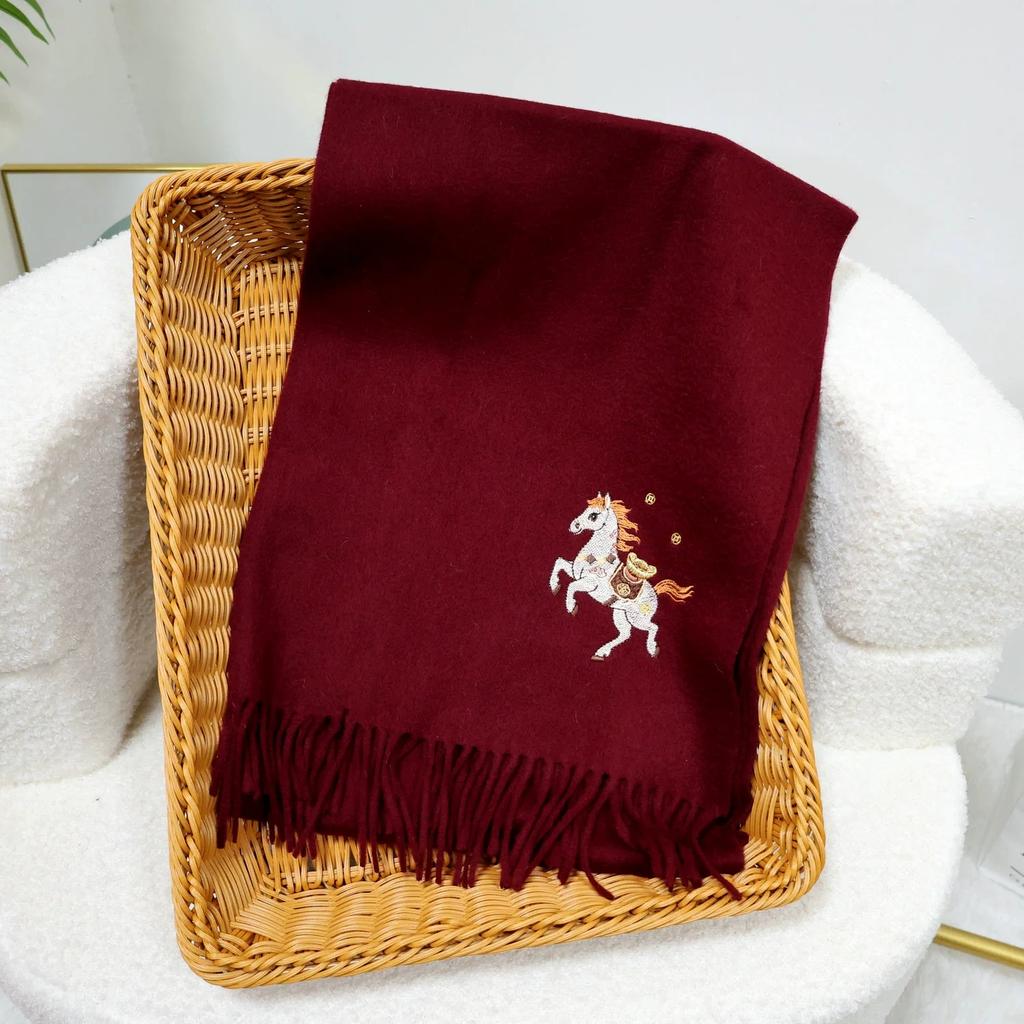 New Year's Embroidered Wool Scarf for Autumn and Winter Thickened Warm Scarf With Tassel