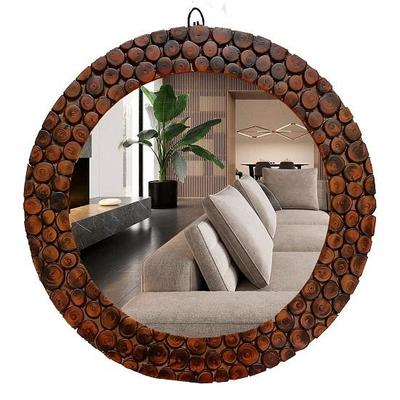 Handgefertigter Holzrahmen Rund Wandmontiert ,Spiegel für Badezimmer,Wohnzimmer,Wandwaschbecken,Arbeitszimmer,Büro,Braun