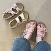 Cowhide version~ thick-soled belt buckle women's outer wear open-toed casual one-word sandals versatile height-enhancing beach shoes