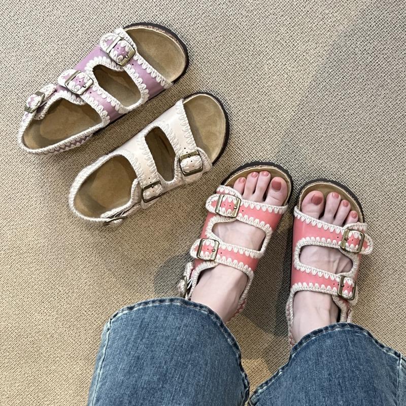 Cowhide version~ thick-soled belt buckle women's outer wear open-toed casual one-word sandals versatile height-enhancing beach shoes
