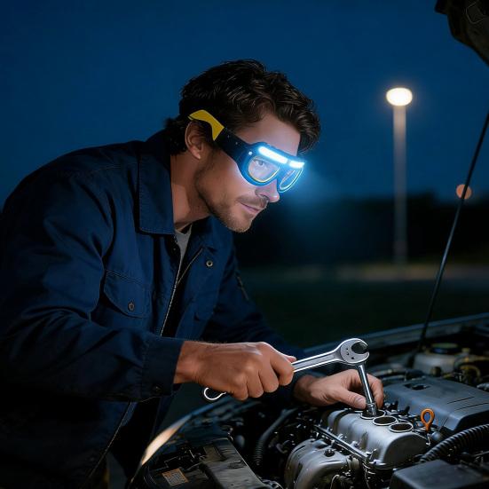 Motion Sensor Headlamp Glasses Rechargeable LED Touchless Switch Light with 5 Modes Waterproof USB-C Camping Headlight for Night Cycling Fishing Work