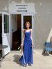 Women's Blue Plaid V-Neck Summer Dress - Hip-Hugging, Slim Waist, Open Back, Long Skirt