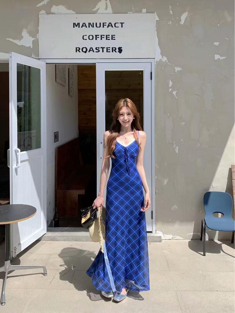 Women's Blue Plaid V-Neck Summer Dress - Hip-Hugging, Slim Waist, Open Back, Long Skirt
