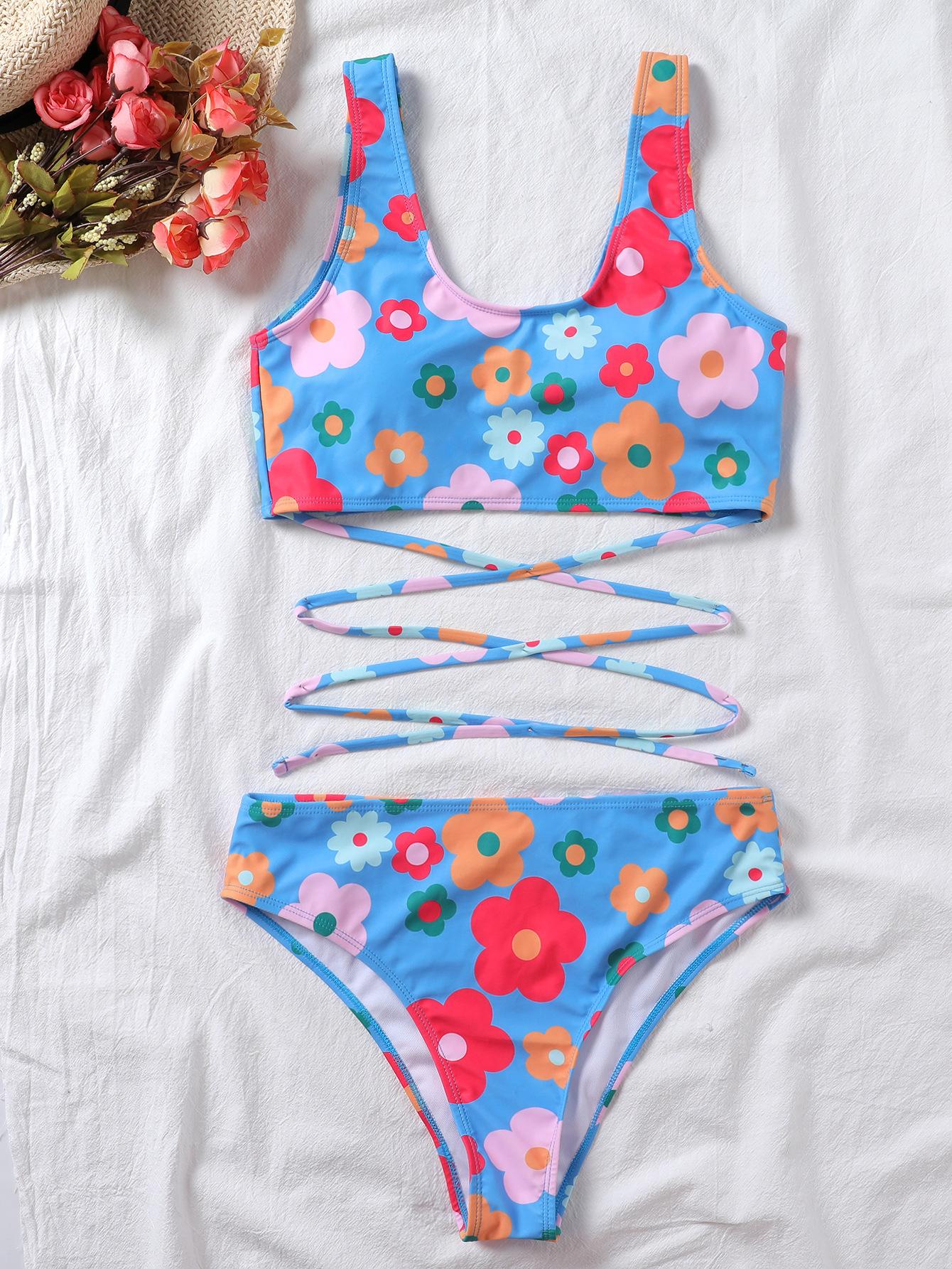 

Женский купальник с синей нижней частью и цветочным принтом, перекрестный ремень с высокой талией, сексуальный купальник-бикини, пляжная одежда, купальные костюмы XL синий