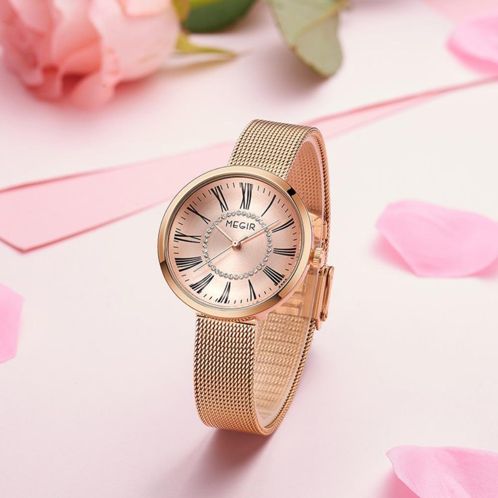 Classic Business Women Quartz Watch Round Roman Dial Rhinestone Ring Decor Mesh Strap Daily Waterproof Wrist Watch
