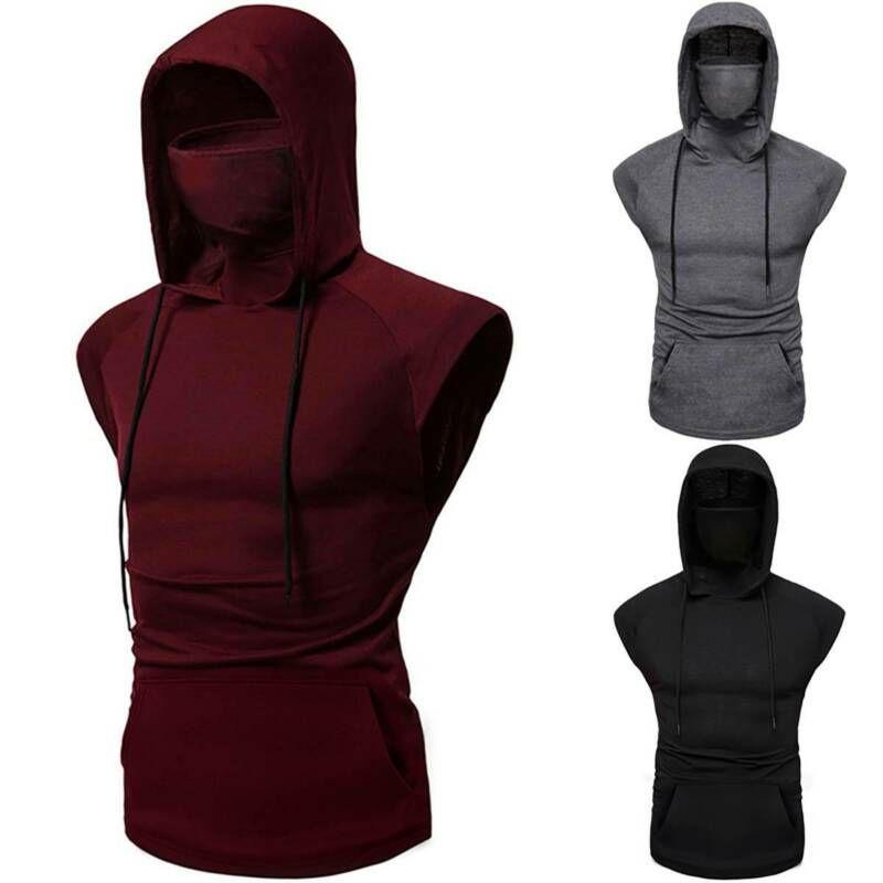 Stylish Men's Hooded Pullover T Shirt Tank Top With Protective Mask For Active Wear