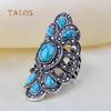 Vintage Inlaid Turquoise Crystal Stone Finger Ring Male Female Rings Hollow Party Symmetric Jewelry