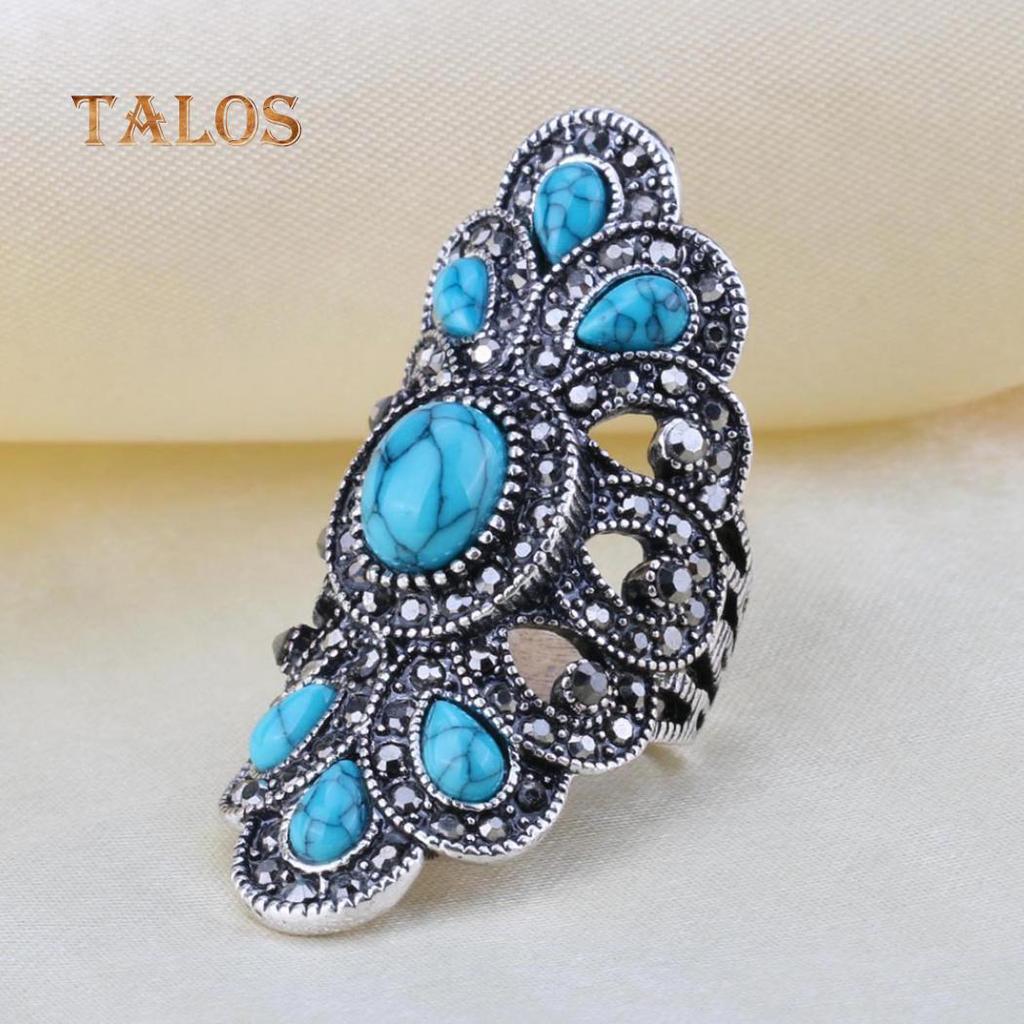 Vintage Inlaid Turquoise Crystal Stone Finger Ring Male Female Rings Hollow Party Symmetric Jewelry