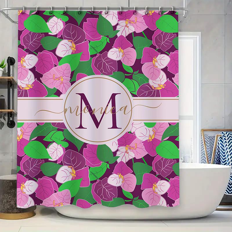 

Custom Bath Shower Curtain With Pink Flowers Monogram Name Decorative Polyester Waterproof For Bathroom Home Decora W60H190(CM)-1 Pcs