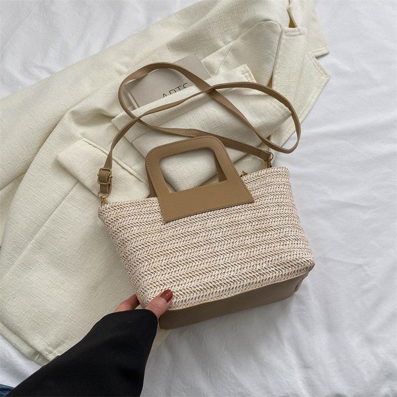 

Свежая и модная однотонная плетеная соломенная сумка 2025 весна новая портативная сумка-ведро высококлассная наплечная сумка-мессенджер хаки