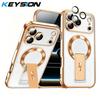 KEYSION Magnetic Transparent Plating Case for MagSafe for iPhone 11 12 13 14 15 16 17 Pro Max Air 16 Plus Upright Kickstand Shockproof Phone Cover
