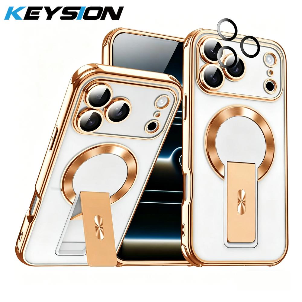 KEYSION Magnetic Transparent Plating Case for MagSafe for iPhone 11 12 13 14 15 16 17 Pro Max Air 16 Plus Upright Kickstand Shockproof Phone Cover