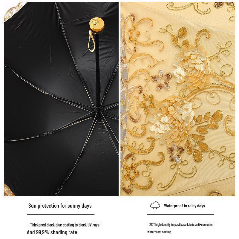 Retro Spetsbroderi UV-Blockerande Svart Paraply - Dubbelanvändbart Solskydd för Kvinnor