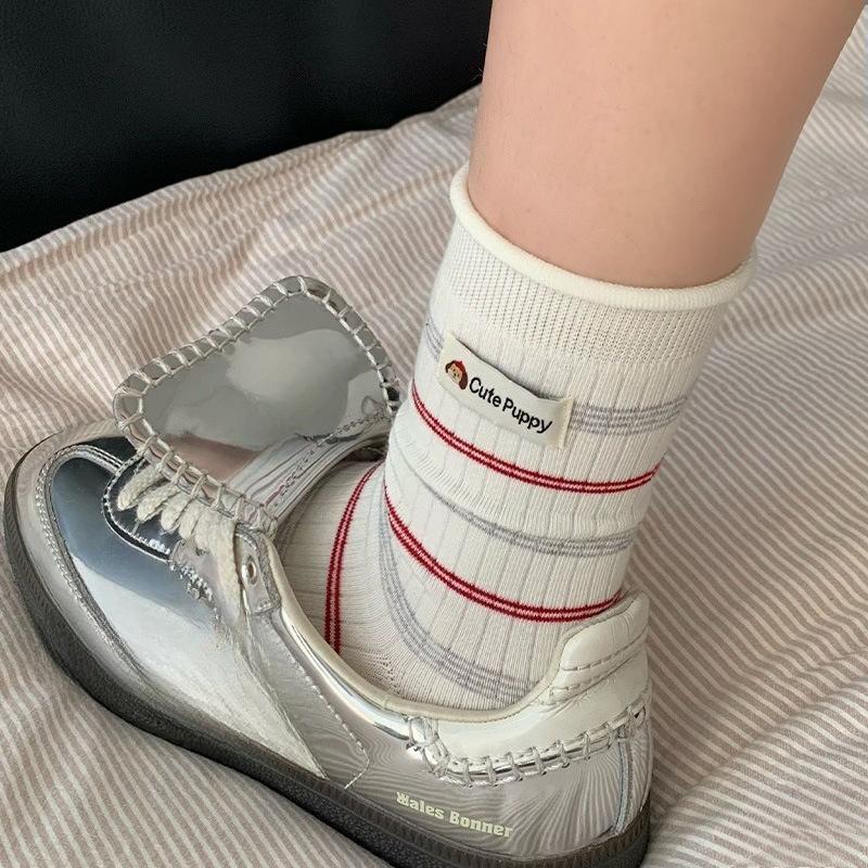 Cute Puppy-style Children's Spring-autumn Cotton Socks, Mid-length Socks, Pile Socks, with Training Shoes and Long Socks.