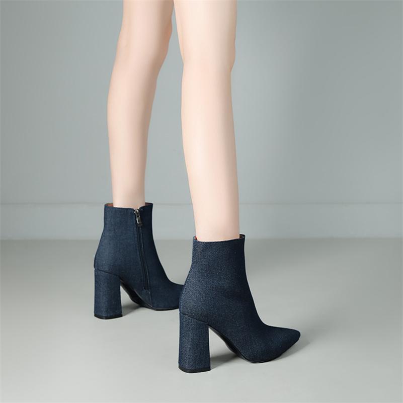 FOREADA Damen Stiefeletten Spitz Zehenbereich Klobige Hohe Absätze Reißverschluss Denim Kurze Stiefel Damenmode Herbst Winterschuhe Dunkelblau 43